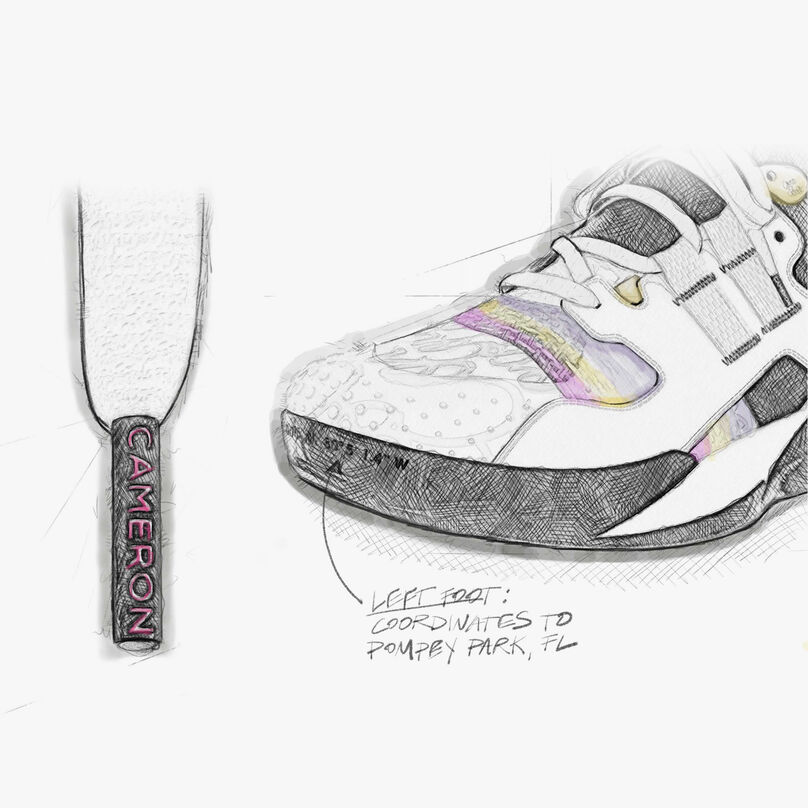 Croquis du lacet et de l'orteil où la chaussure a bénéficié d'une inspiration familiale.