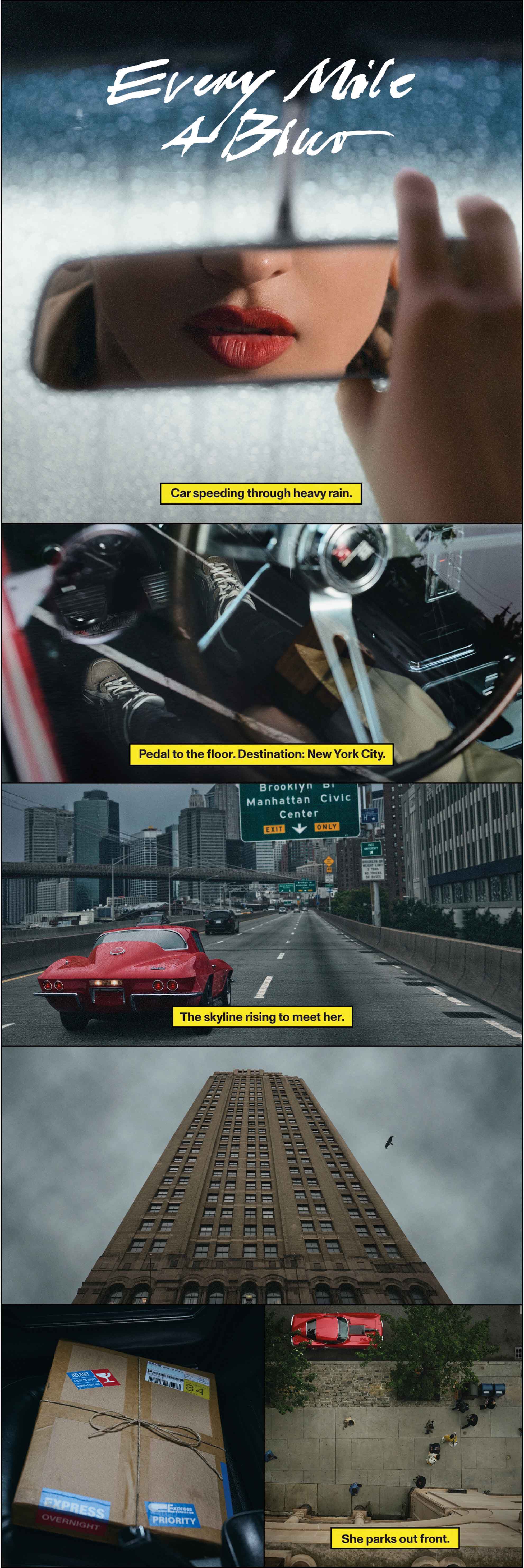 Pictures in a comic collage of Rosalía driving in a red sports car down a highway and arriving at a building that she walks into.