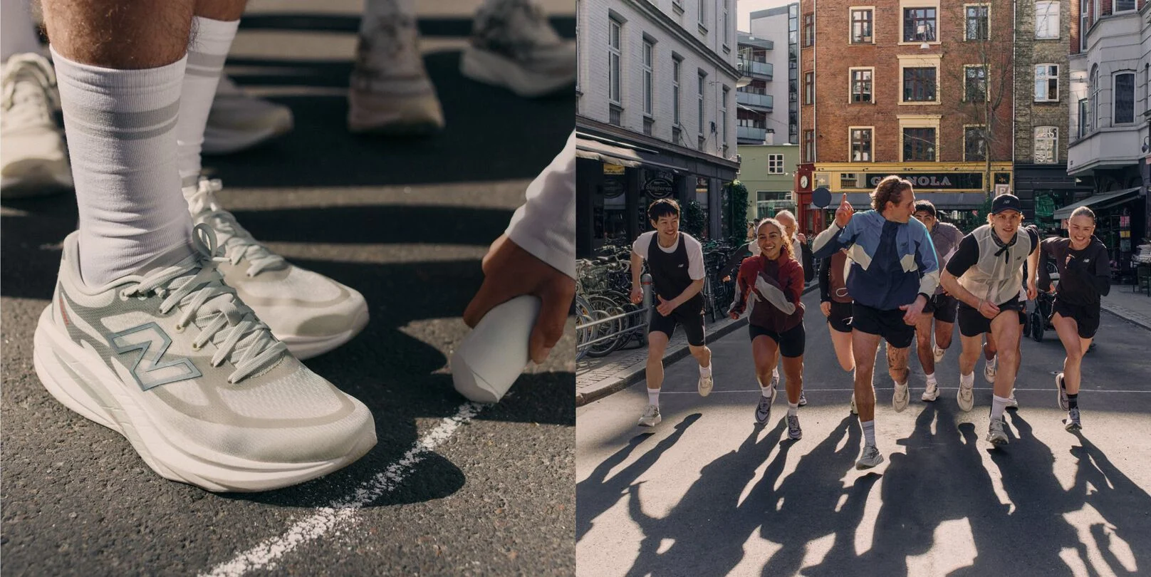 Split image of a closeup of someone wearing New Balance running shoes on a sidewalk, and a group of runners in a city. 