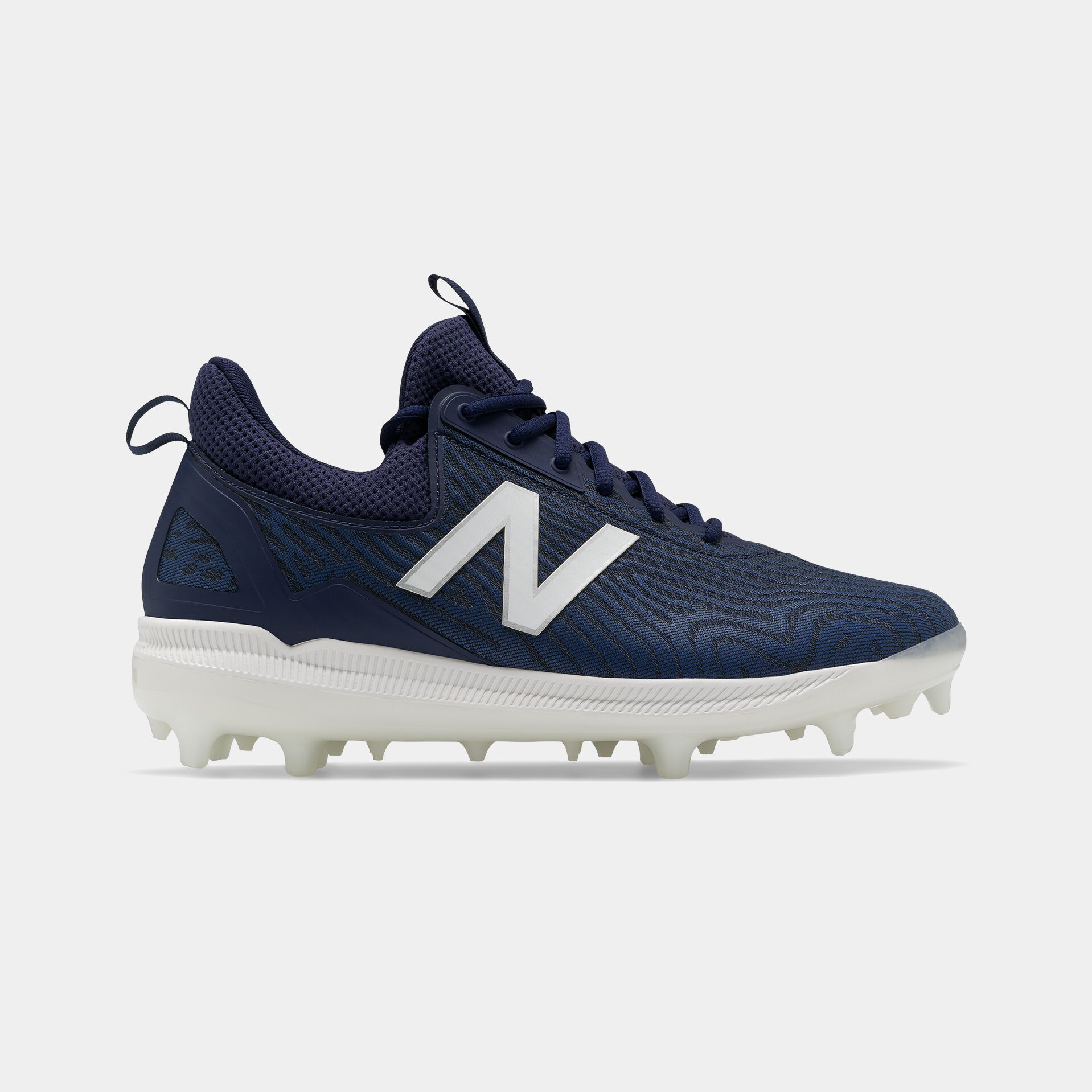 Dark blue TPU cleat with a white N and white spike plate.