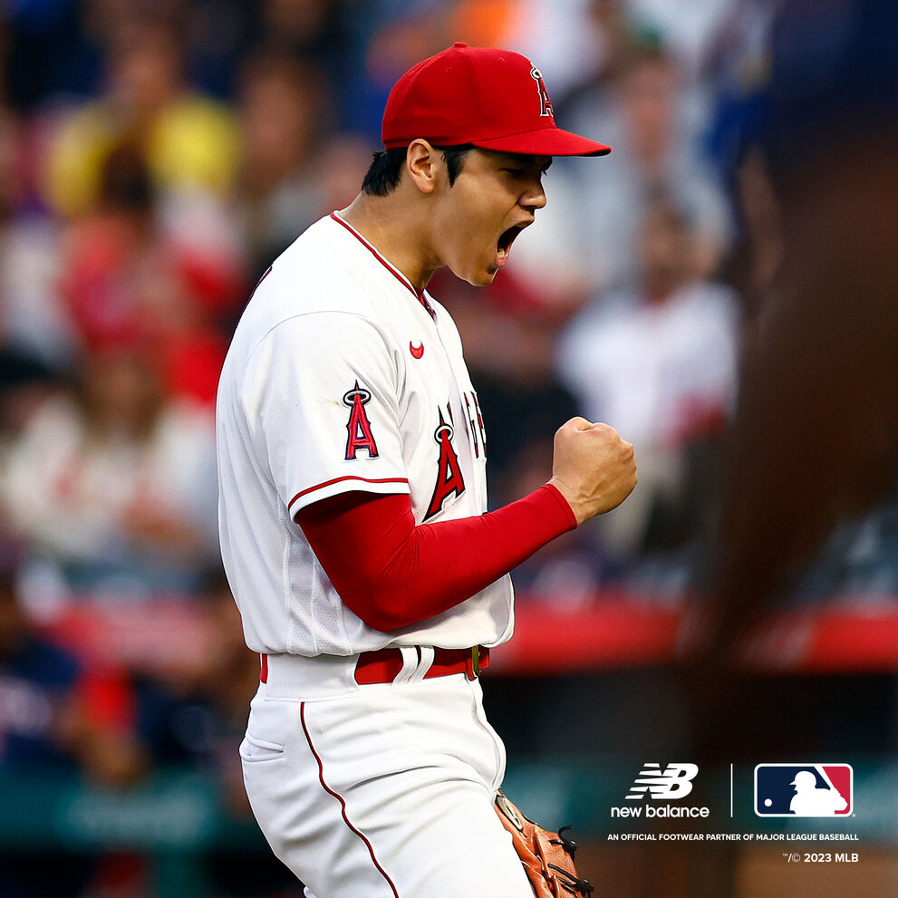 Shohei in his Los Angeles Angels uniform celebrating on the mound.