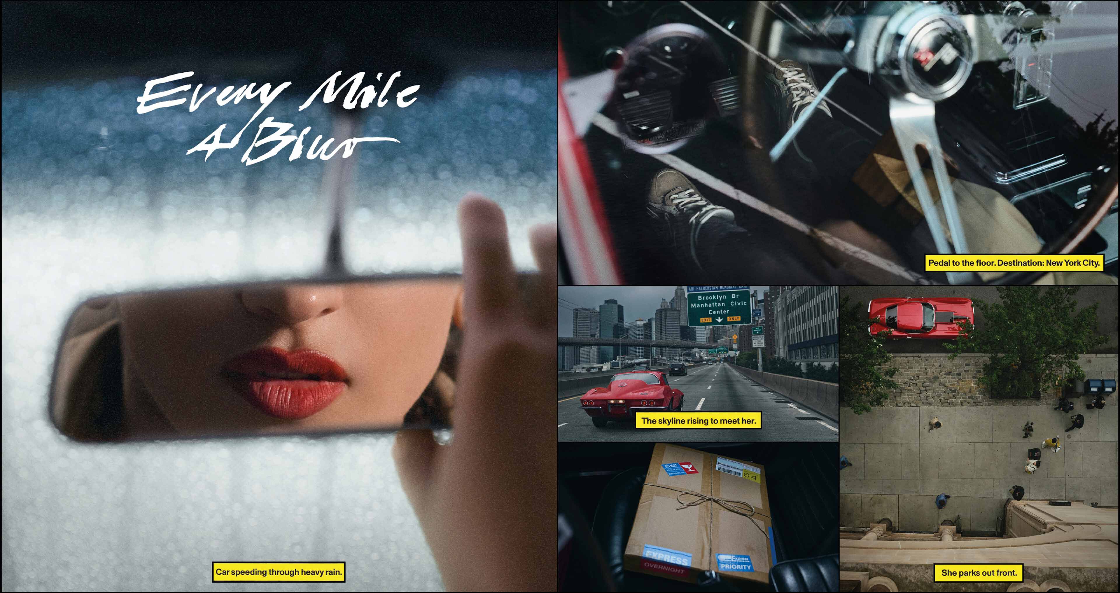 Pictures in a comic collage of Rosalía driving in a red sports car down a highway and arriving at a building that she walks into.