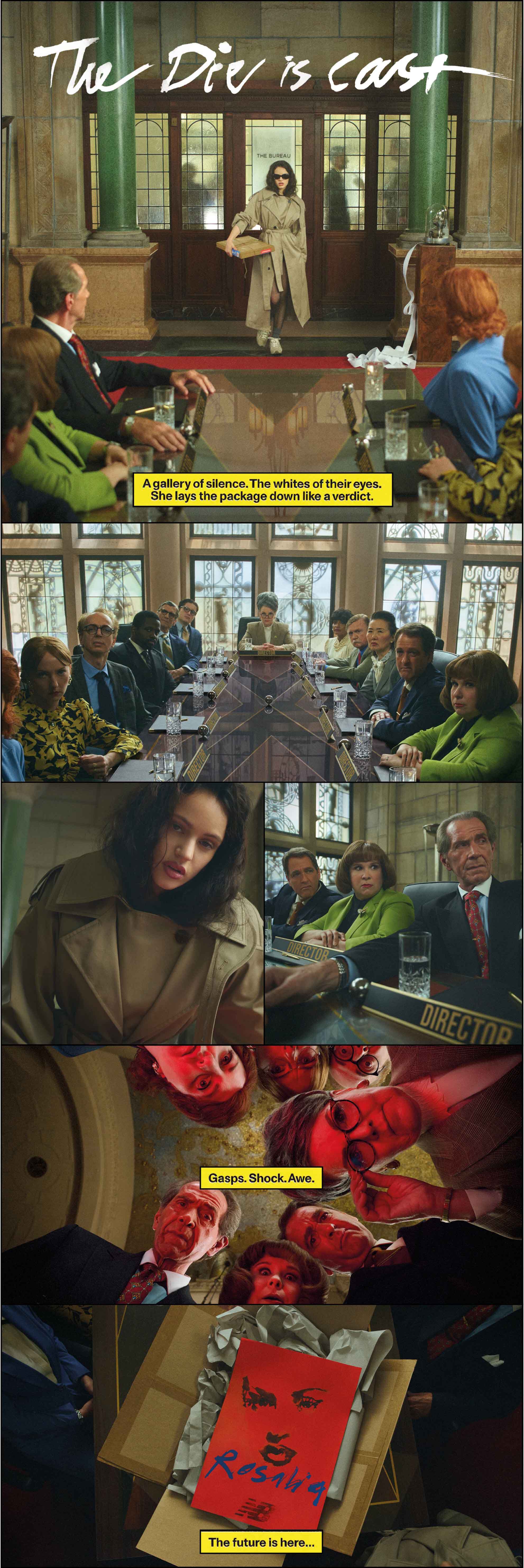 Pictures in a comic collage of Rosalía walking into a board room full of well-dressed people. She hands them a package, and they look inside to find a poster of her with the New Balance logo.