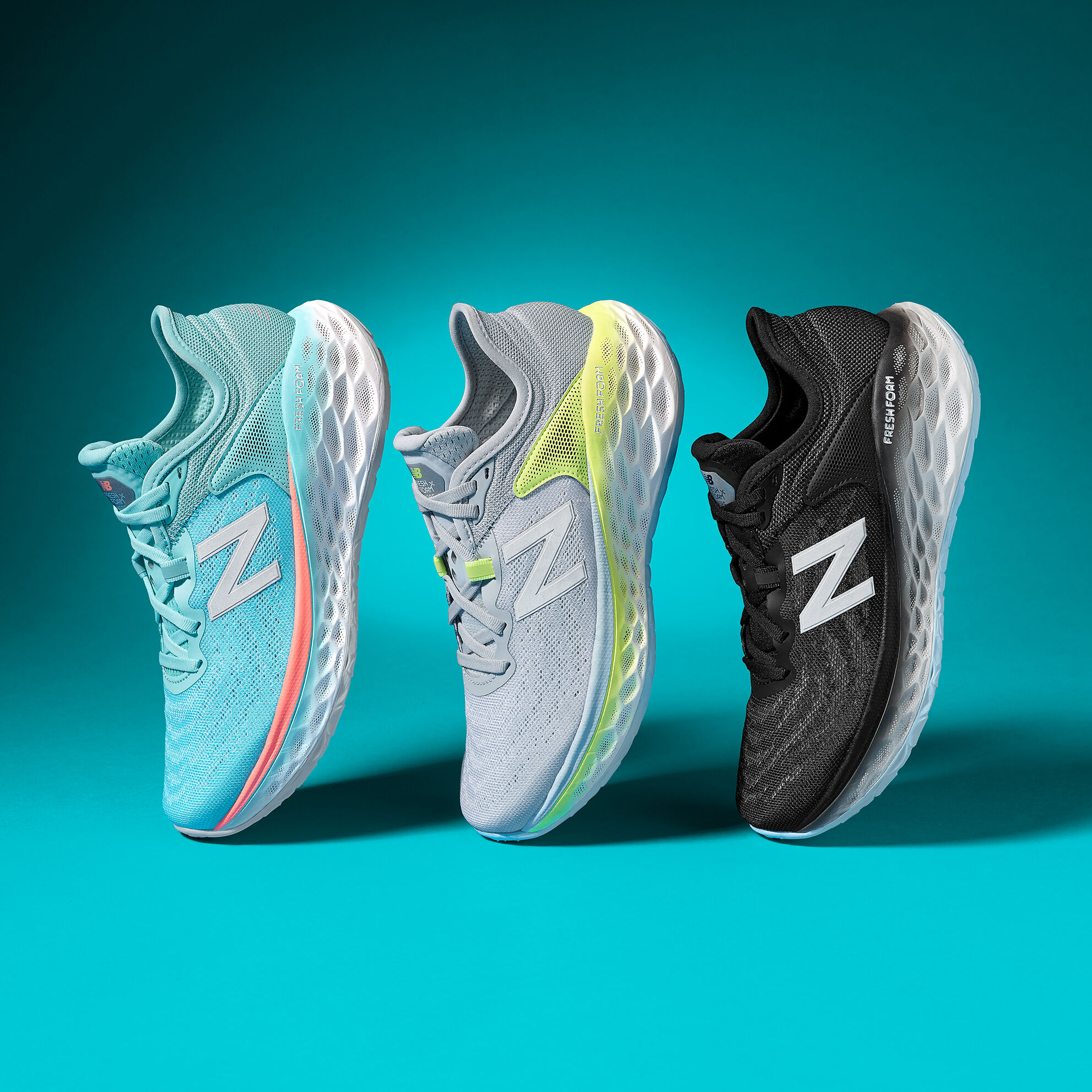 Three different colors of the Fresh Foam More facing toe-down