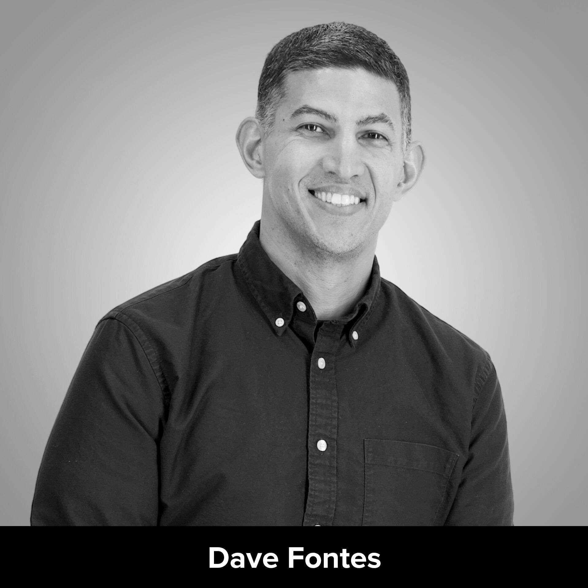 Black and white portrait of Dave Fontes, Vice President of Footwear and Apparel Product Development