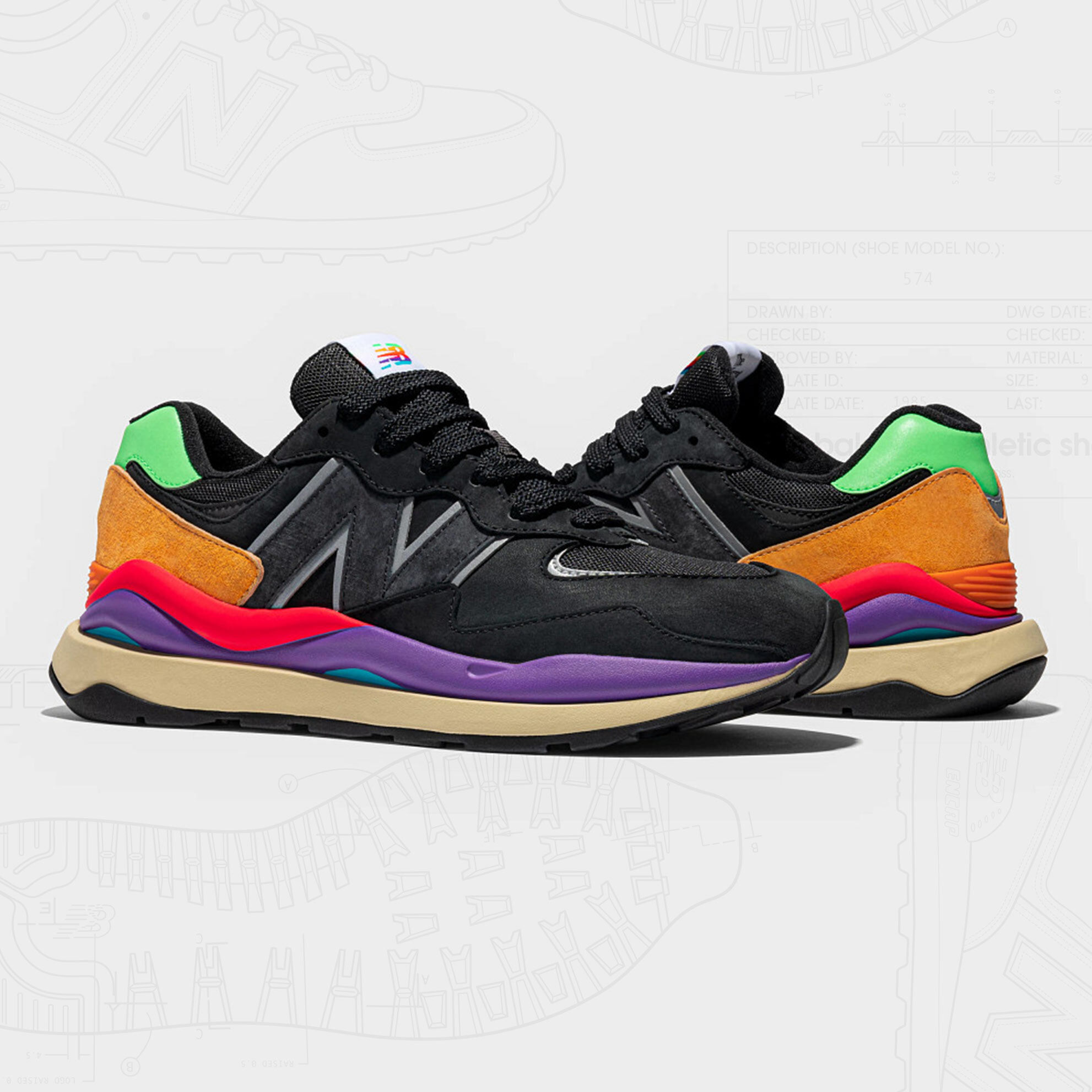 A pair of black NB 57/40 sneakers with neon color accents