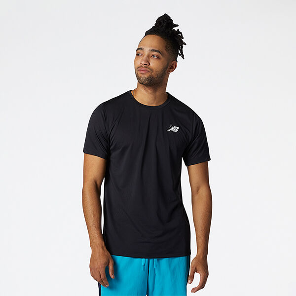 Man wearing a black NB t-shirt and cyan NB shorts