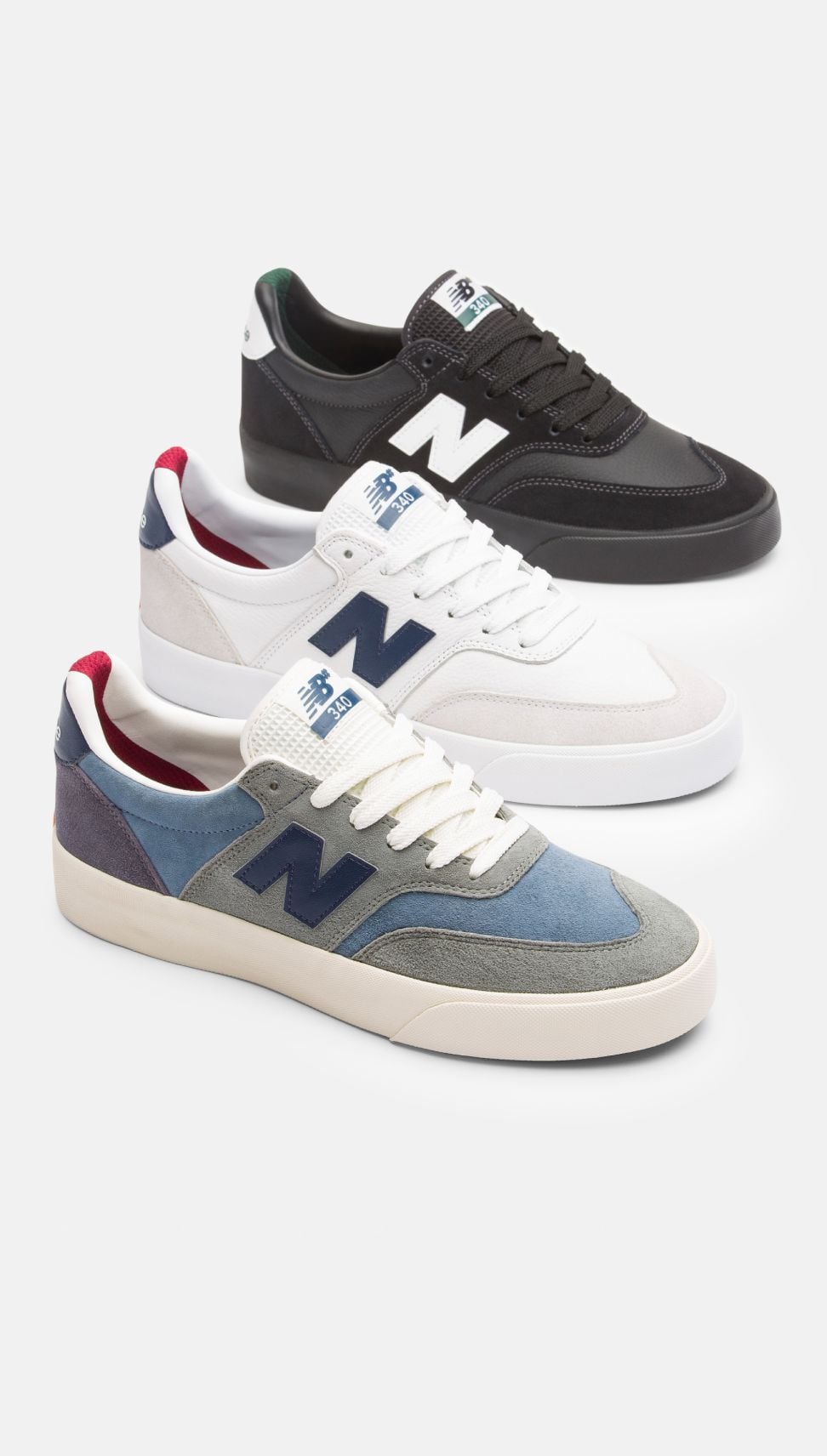 Three Numeric 340 shoes on a grey background.