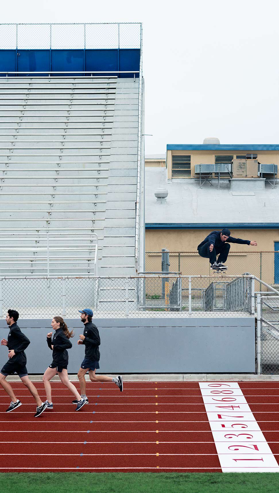 Tom Karangelov wearing NM574 shoes while skating on a running track.