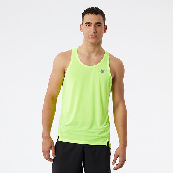 Man wearing a neon green NB tank top and black NB shorts