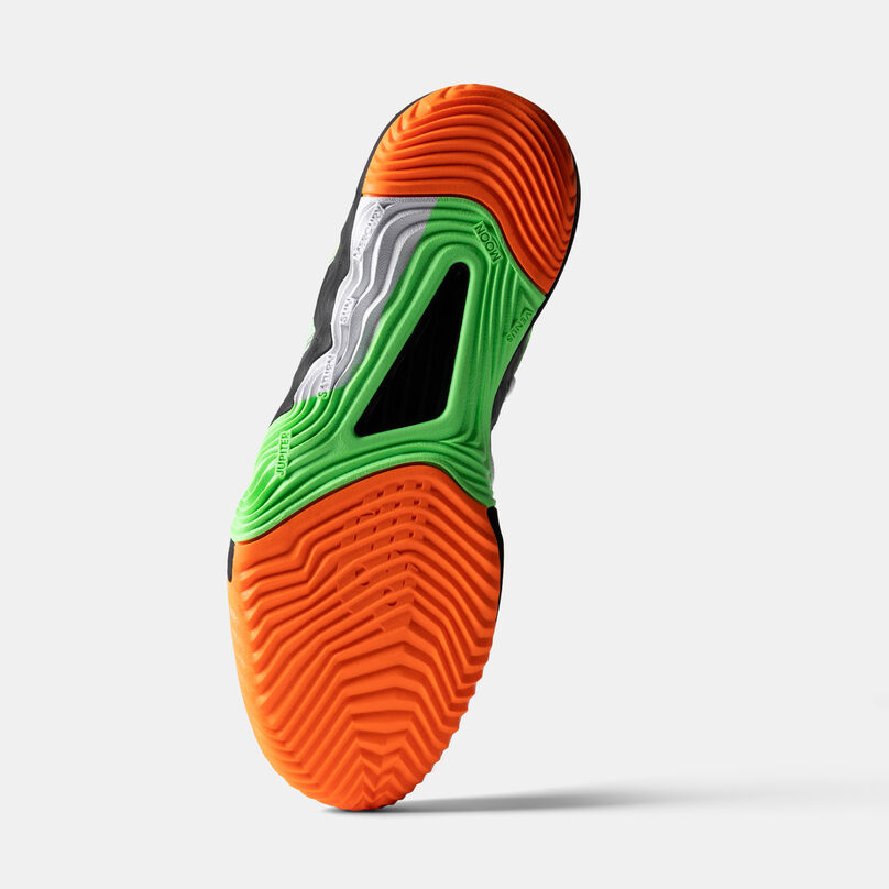 Orange, green, and white sole of the KAWHI II Goosebumps shoe