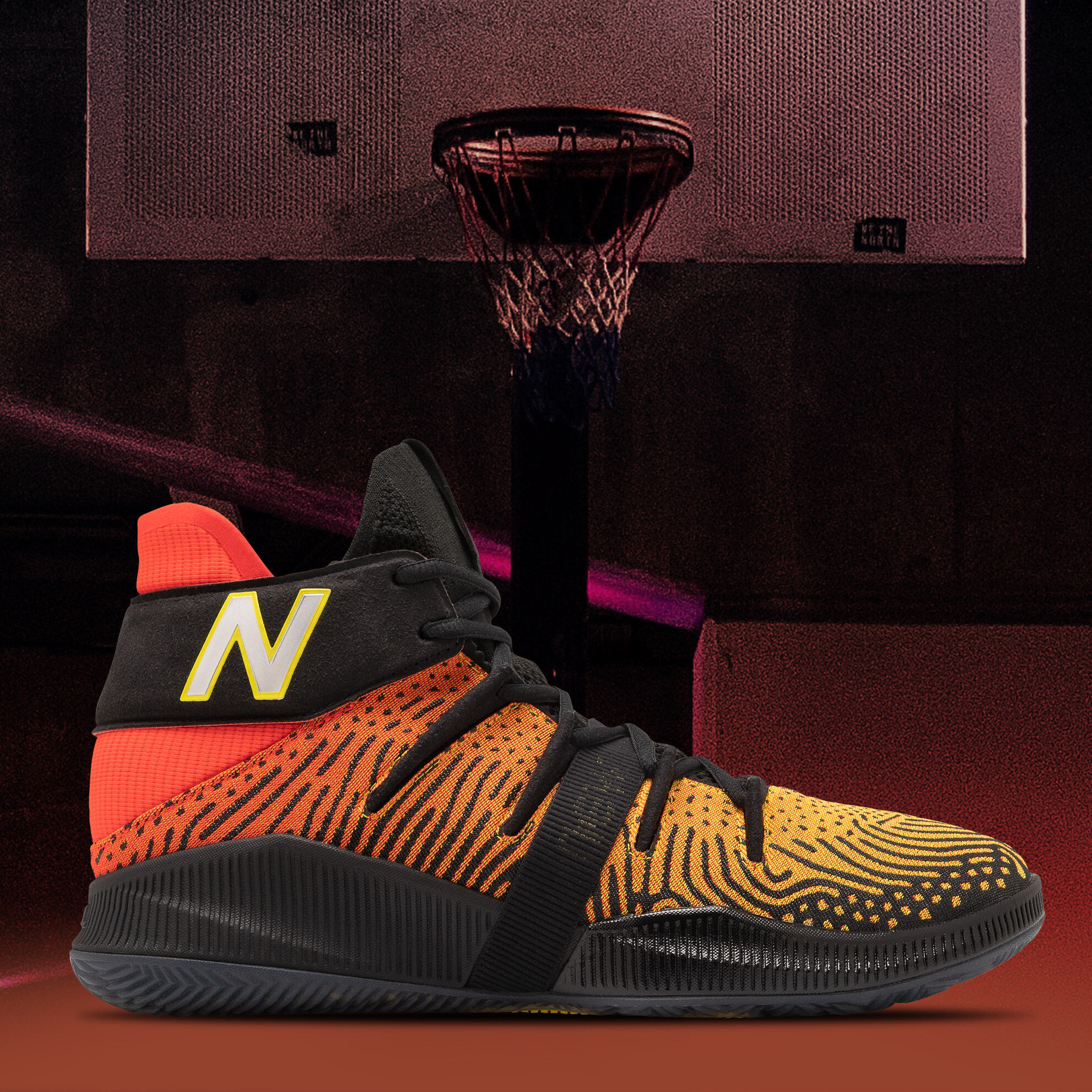 Orange and black OMN1S basketball shoe on graphic background with basketball hoop