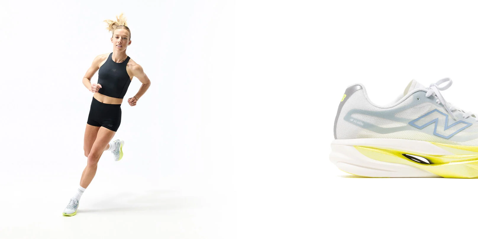 Person running in a studio wearing a black athletic outfit and light gray New Balance running shoes with lime-green soles, shown alongside a close-up of the shoe&rsquo;s cushioned midsole design.