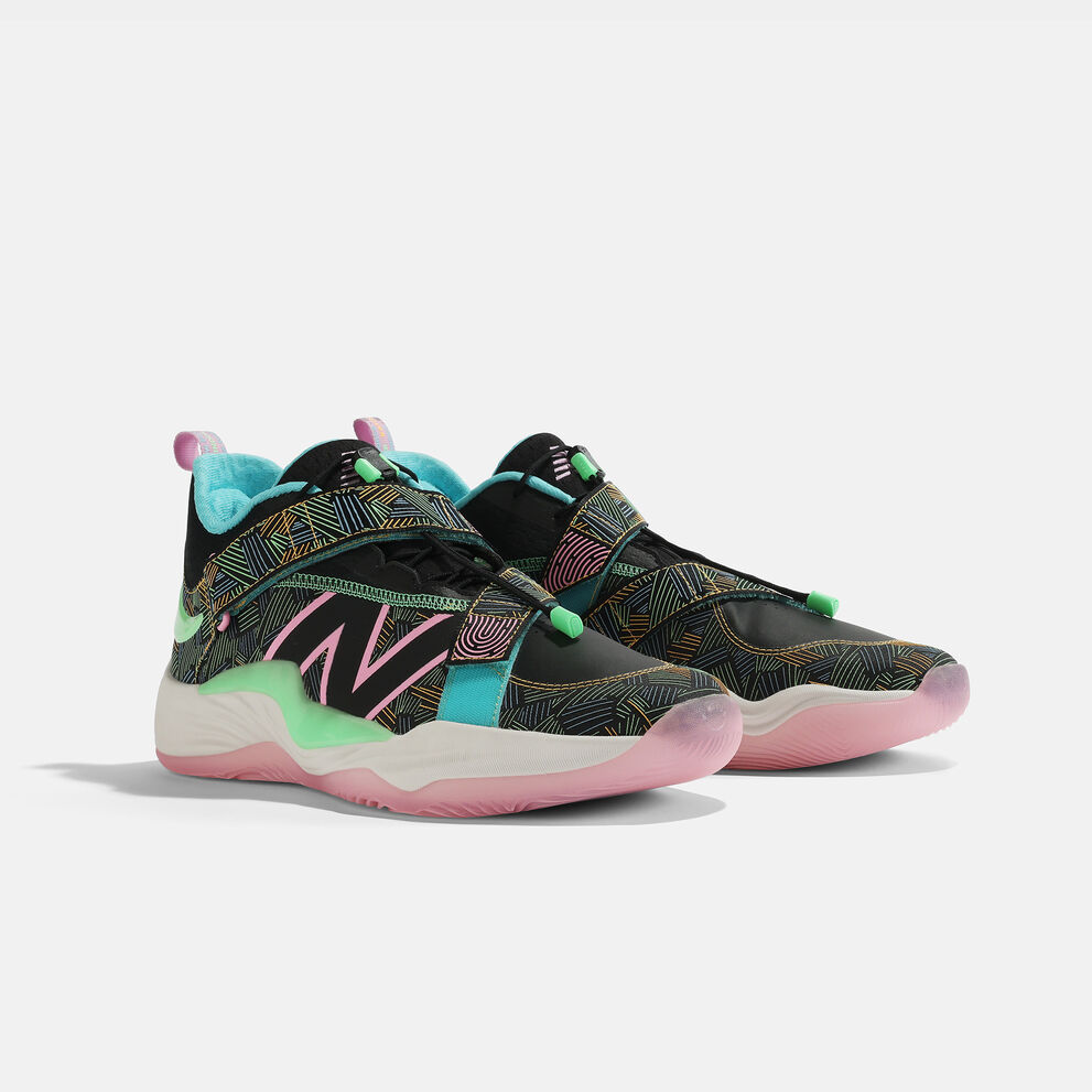 Pair of New Balance FuelCell Lindor 2 shoes in multicolor tropical colors posed against grey studio background 