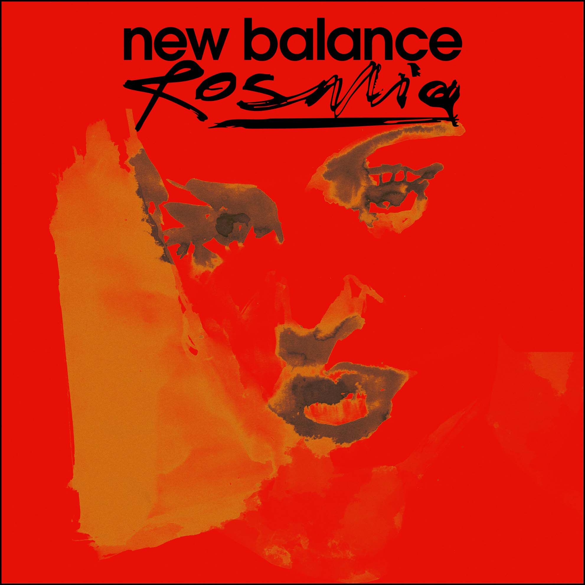 A painting of Rosalía’s face silhoutte against a red background with the words New Balance and Rosalía written on it.
