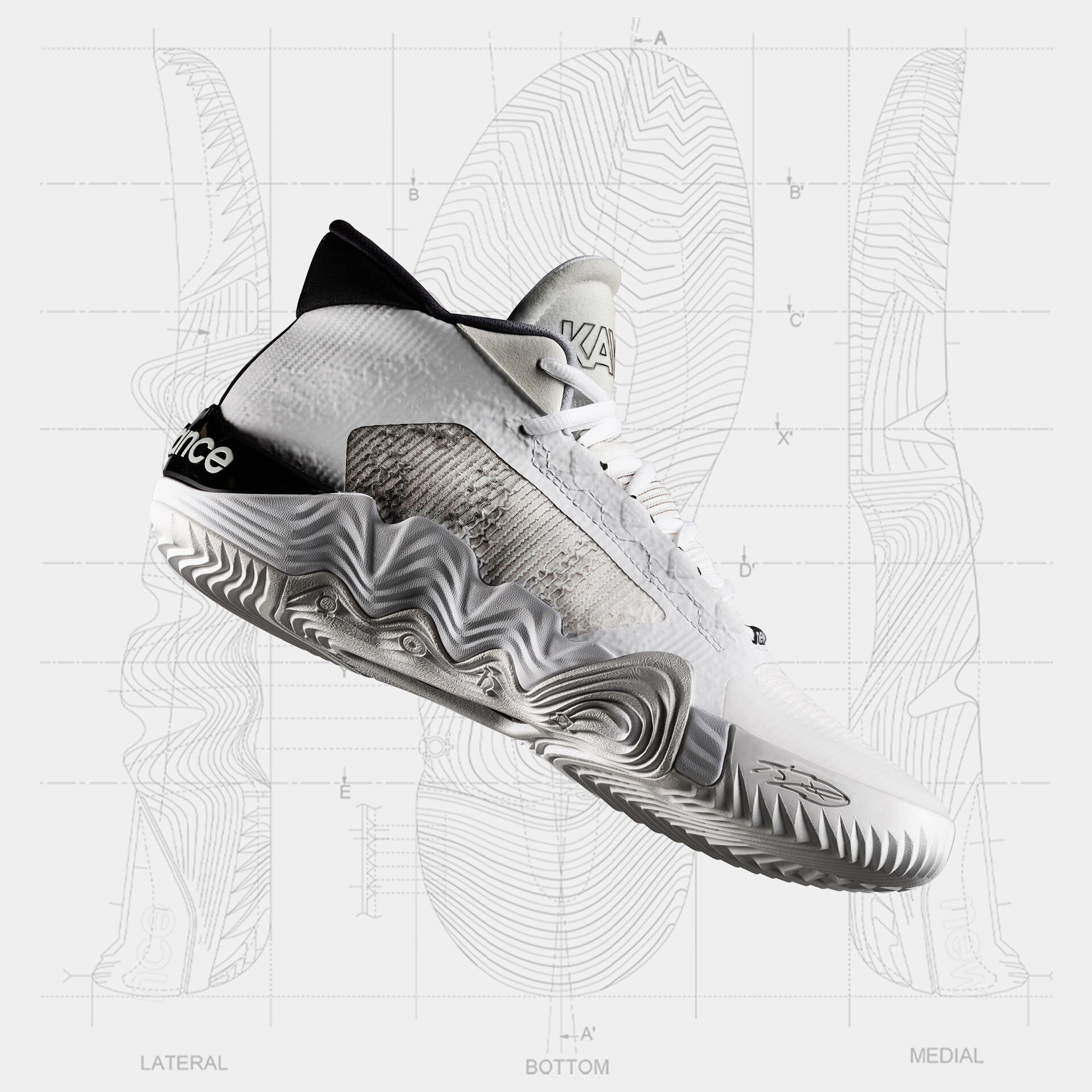 Chaussure de basket-ball blanche flottant sur un croquis de la semelle intermédiaire.
