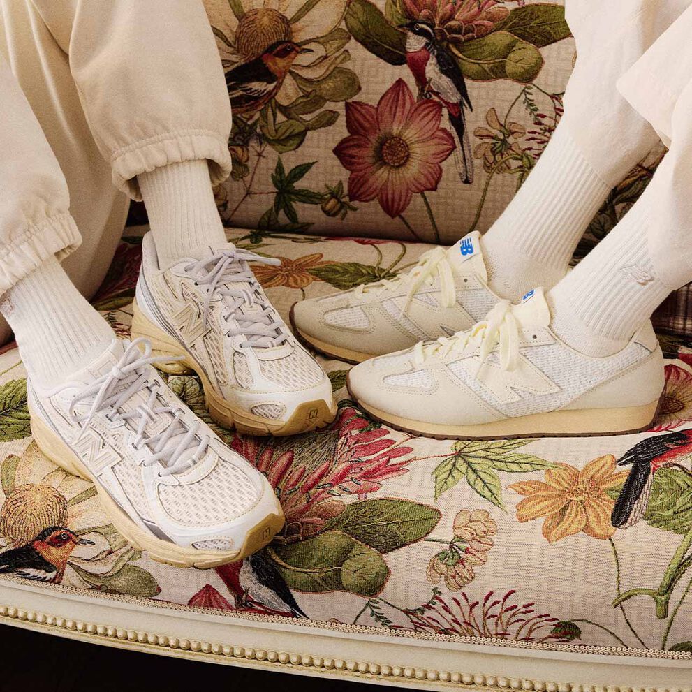  On figure closeup shot of 471 and 740 shoes on a couch.