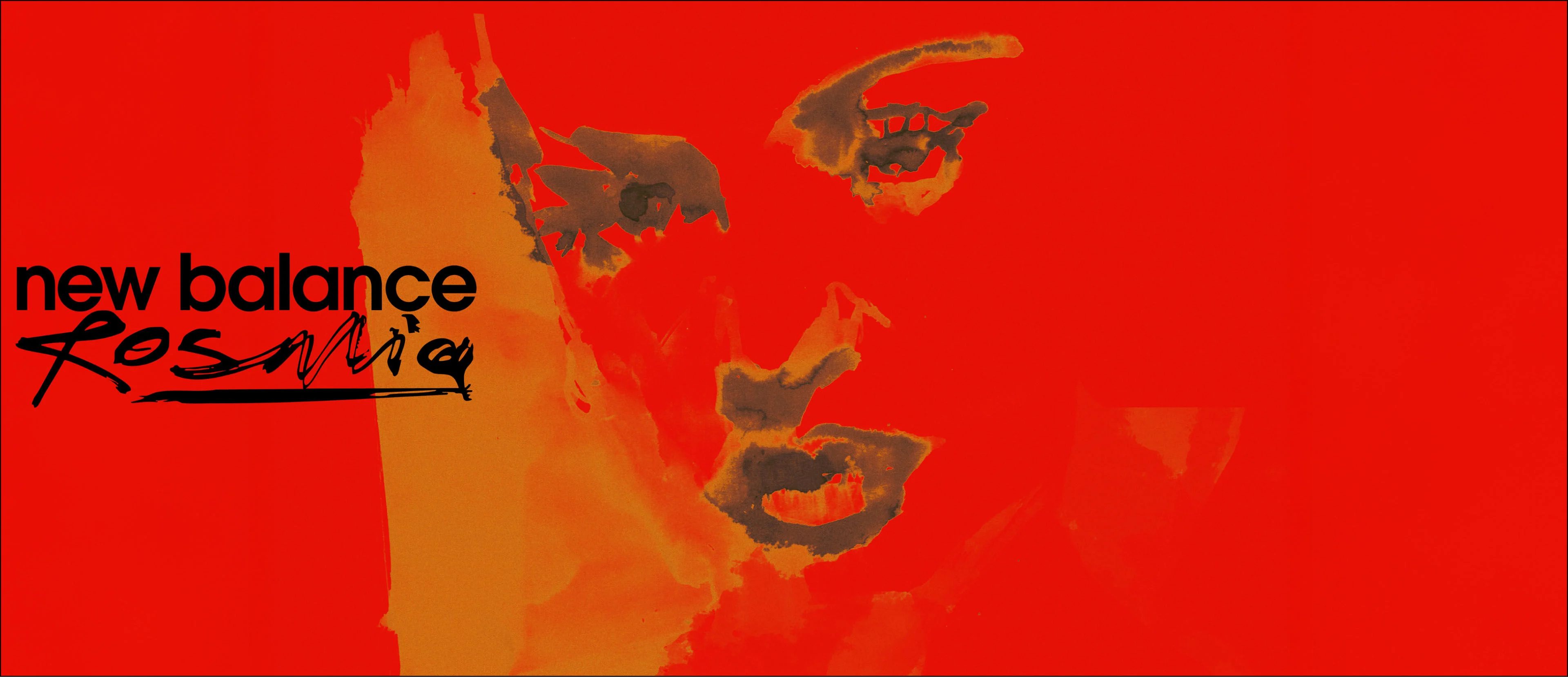 A painting of Rosalía’s face silhoutte against a red background with the words New Balance and Rosalía written on it.