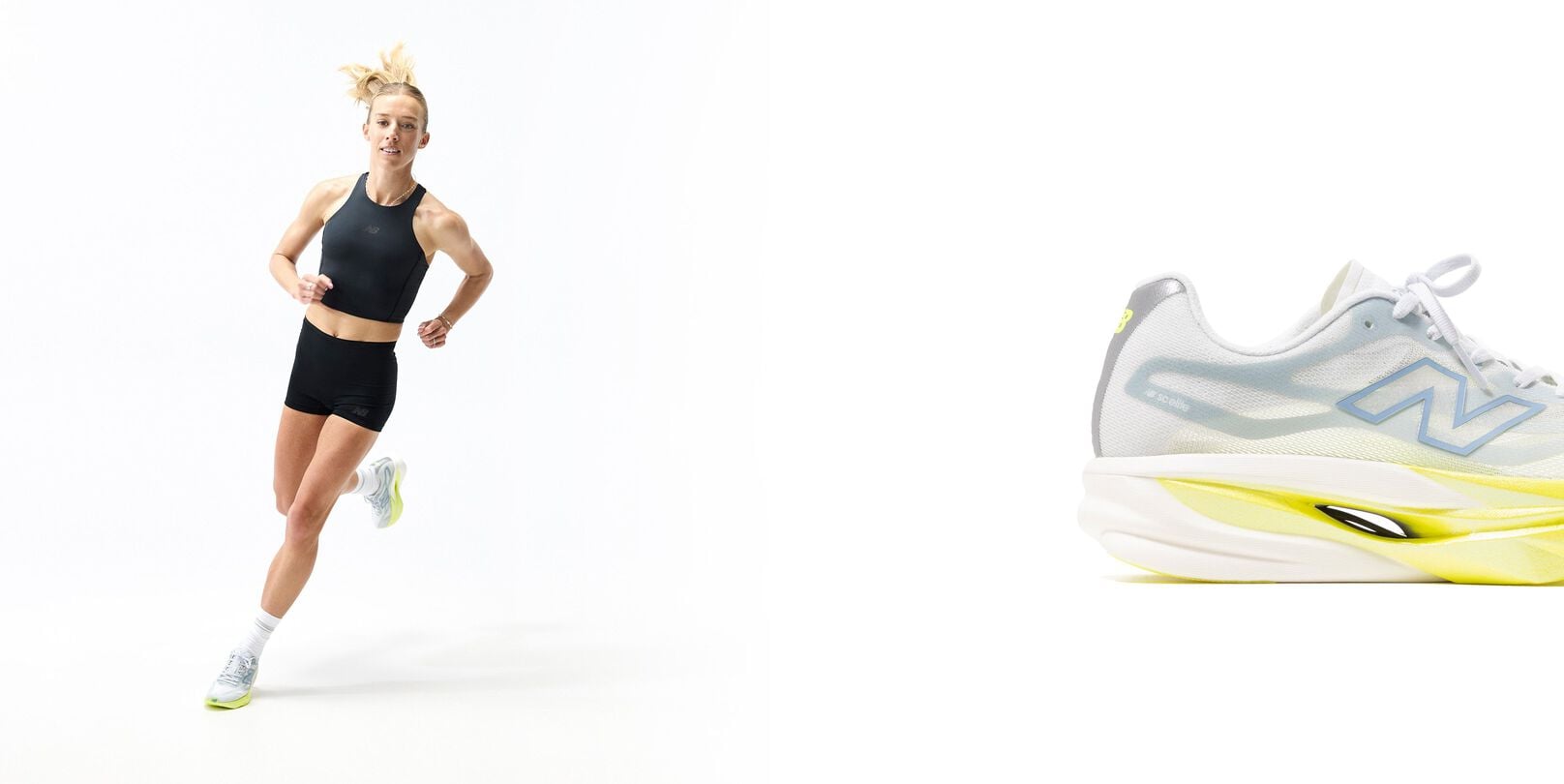 Person running in a studio wearing a black athletic outfit and light gray New Balance running shoes with lime-green soles, shown alongside a close-up of the shoe&rsquo;s cushioned midsole design.