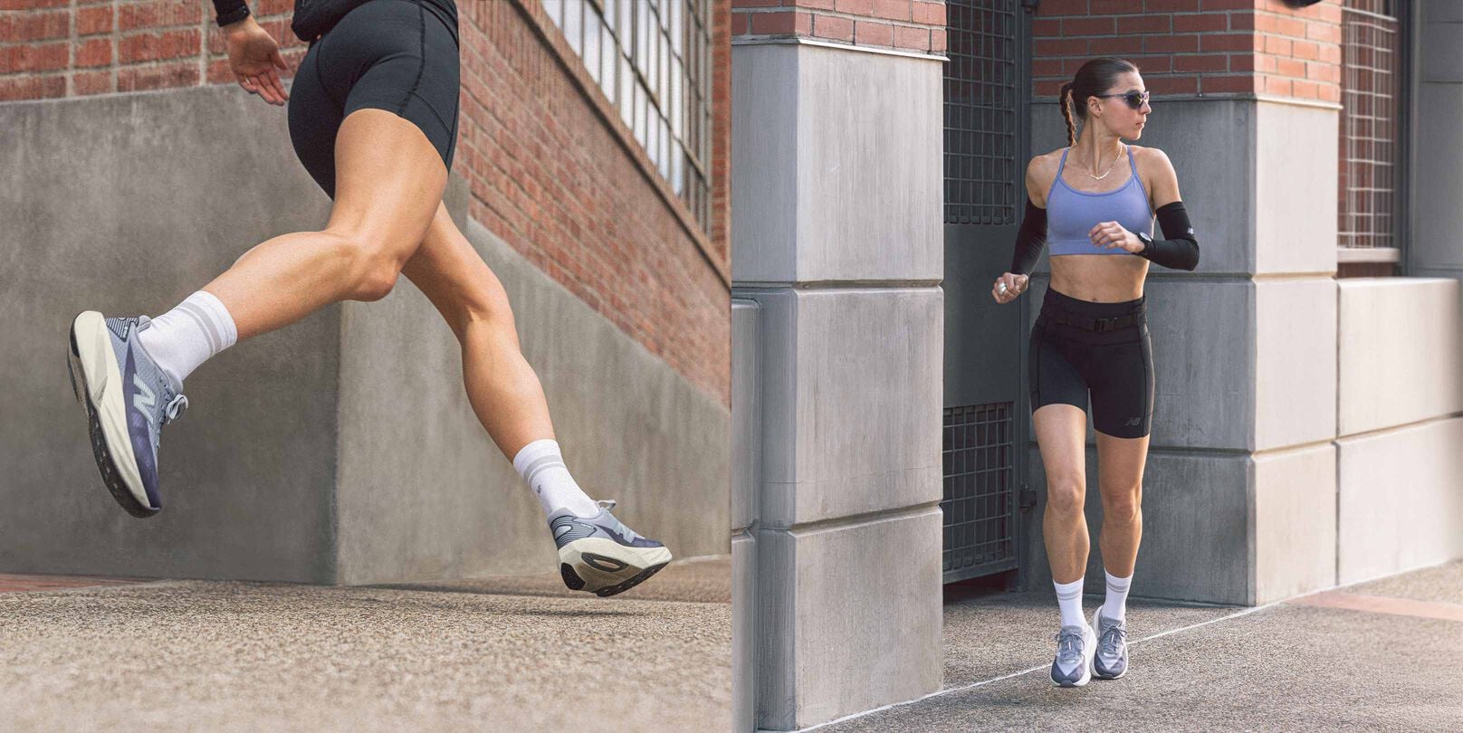 Image divis&eacute;e : &agrave; gauche, un plan d&rsquo;action d&rsquo;une femme en course cadr&eacute; aux genoux; &agrave; droite, une image en pied d&rsquo;une femme courant vers l&rsquo;avant.&nbsp;