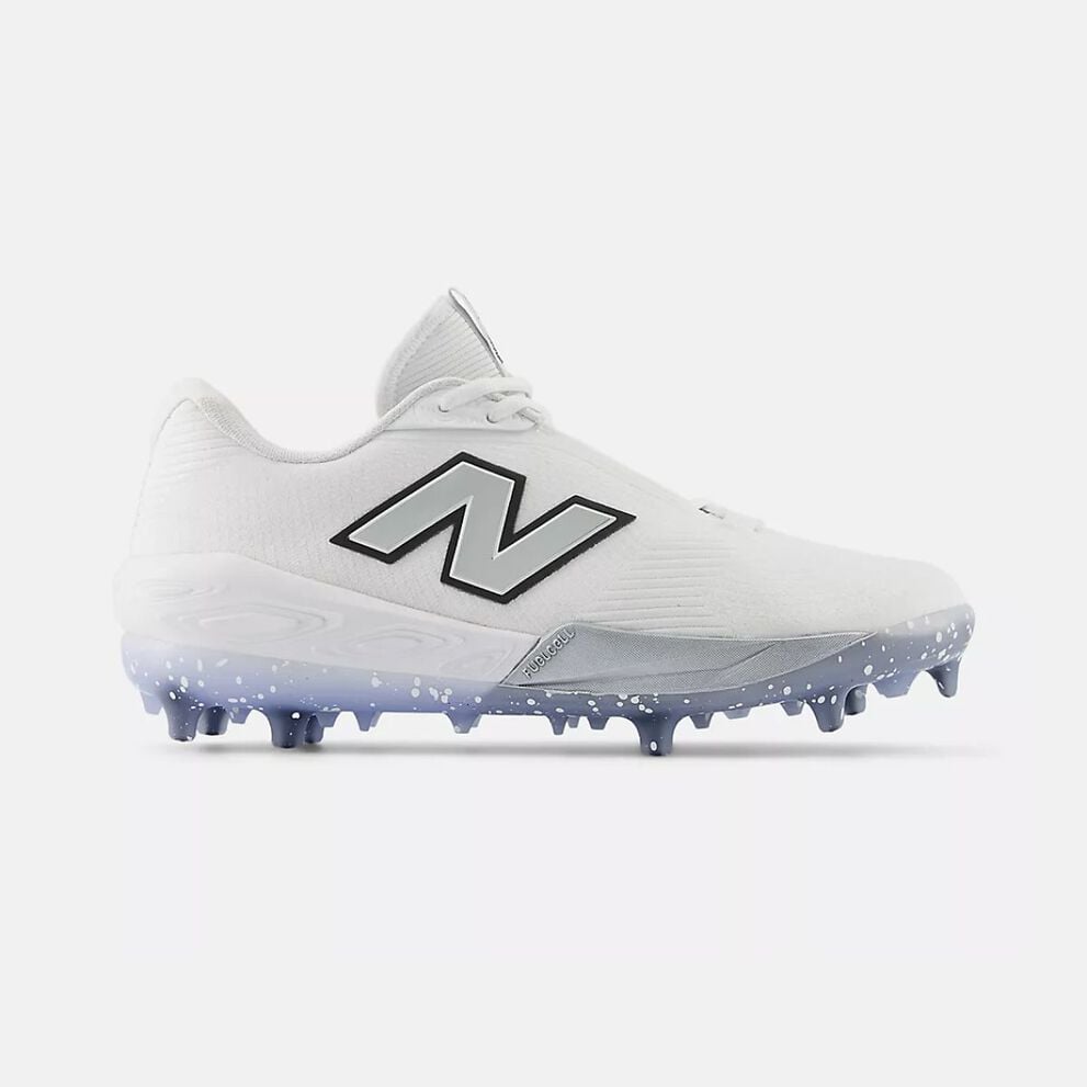 White cleat with a light blue and grey spike plate.