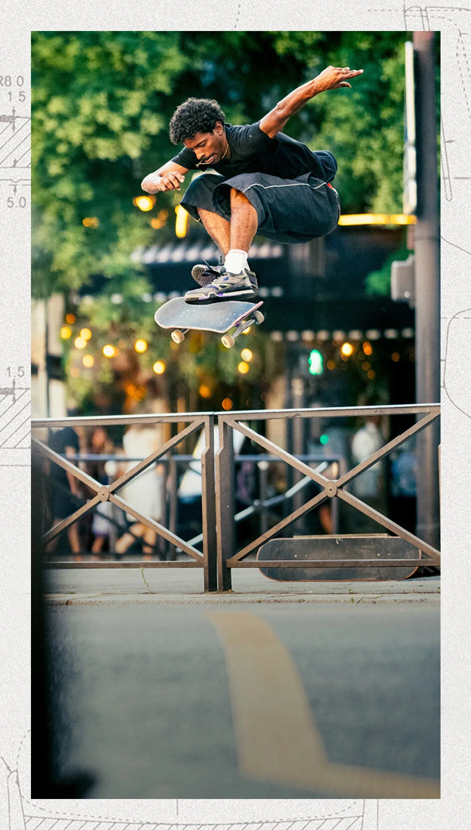 A person wearing Numeric 770 shoes while skateboarding. 