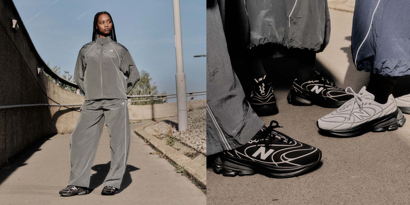 Head to toe shot of a woman wearing the Abzorb 5030 and a group, on figure close up shot of the Abzorb 5030 shoes.