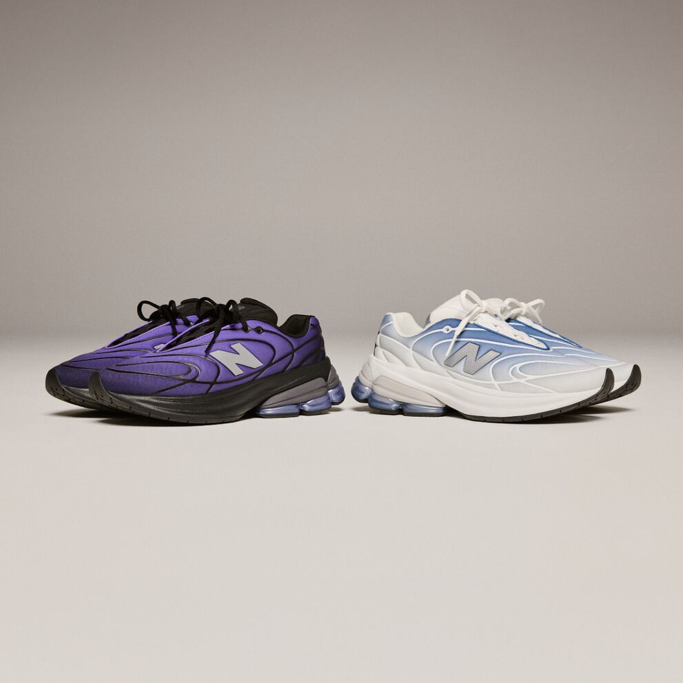 Two pairs of shoes, light blue and dark purple, on a beige background.