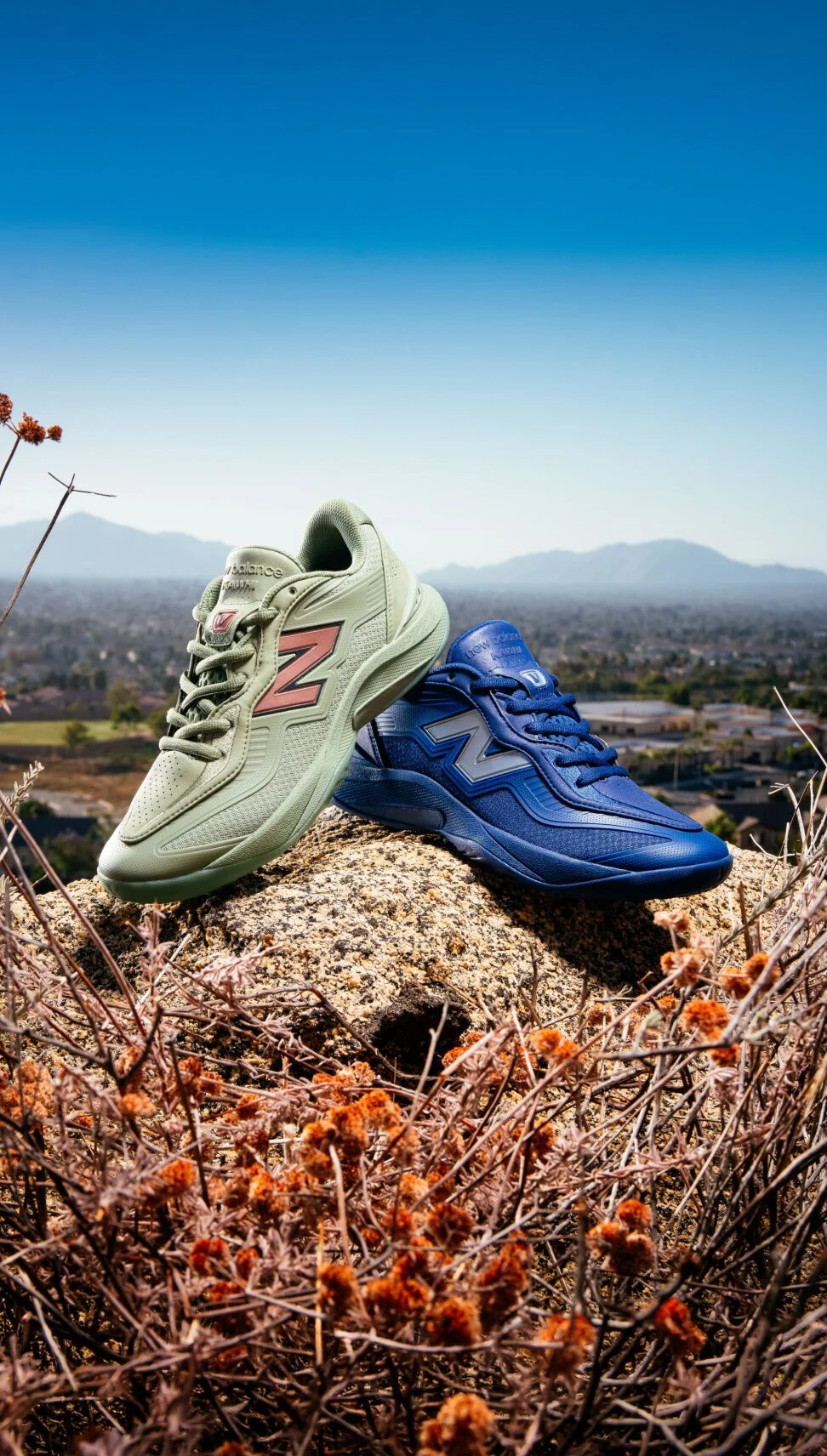 Two New Balance sneakers in green and blue are displayed on a rocky hillside overlooking a city and mountain landscape.