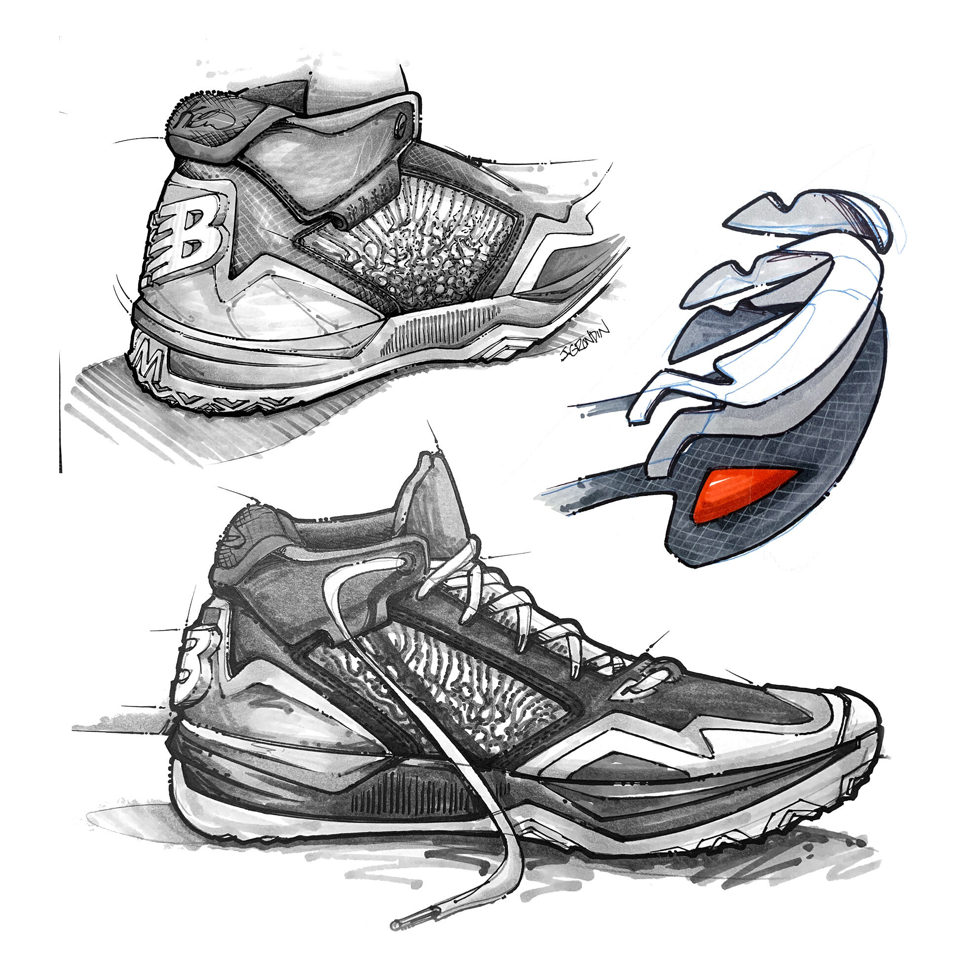 Three black and white, hand drawn sketches of the KAWHI signature shoe