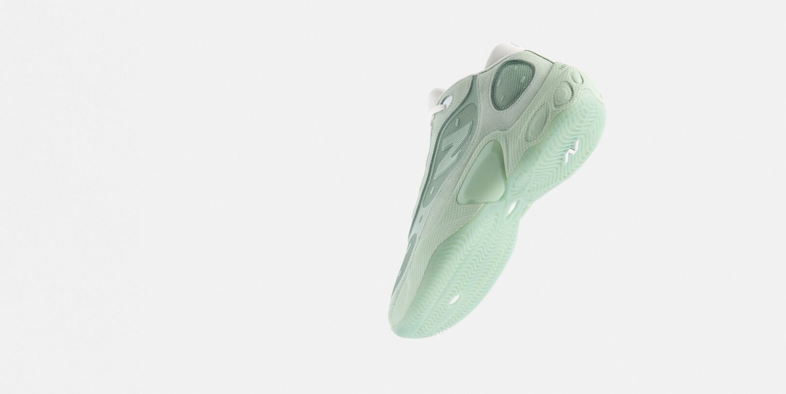 Floating blue shoe in front of a white background