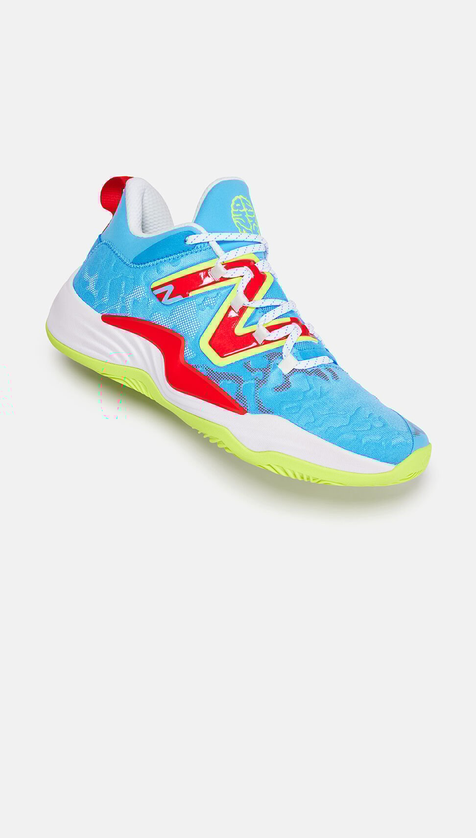 Bright blue and red basketball shoe laying on its side.