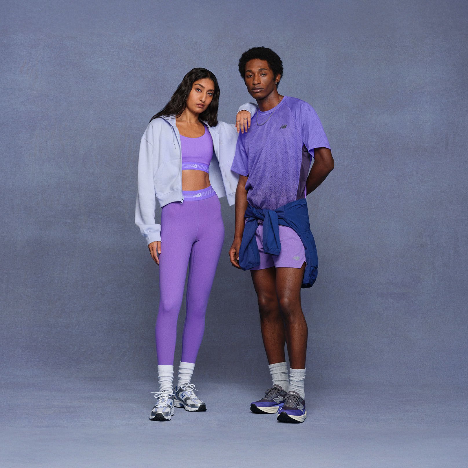 Head to toe outfits in vibrant violet tones.