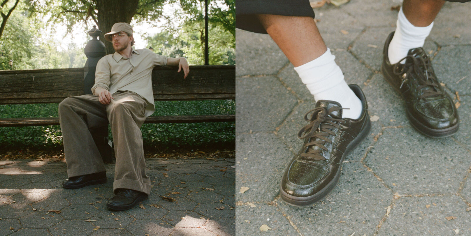 Split screen of two images, one of Jack Harlow reclining on a bench in a park, the other of a close-up of dark brown New Balance sneakers on foot.