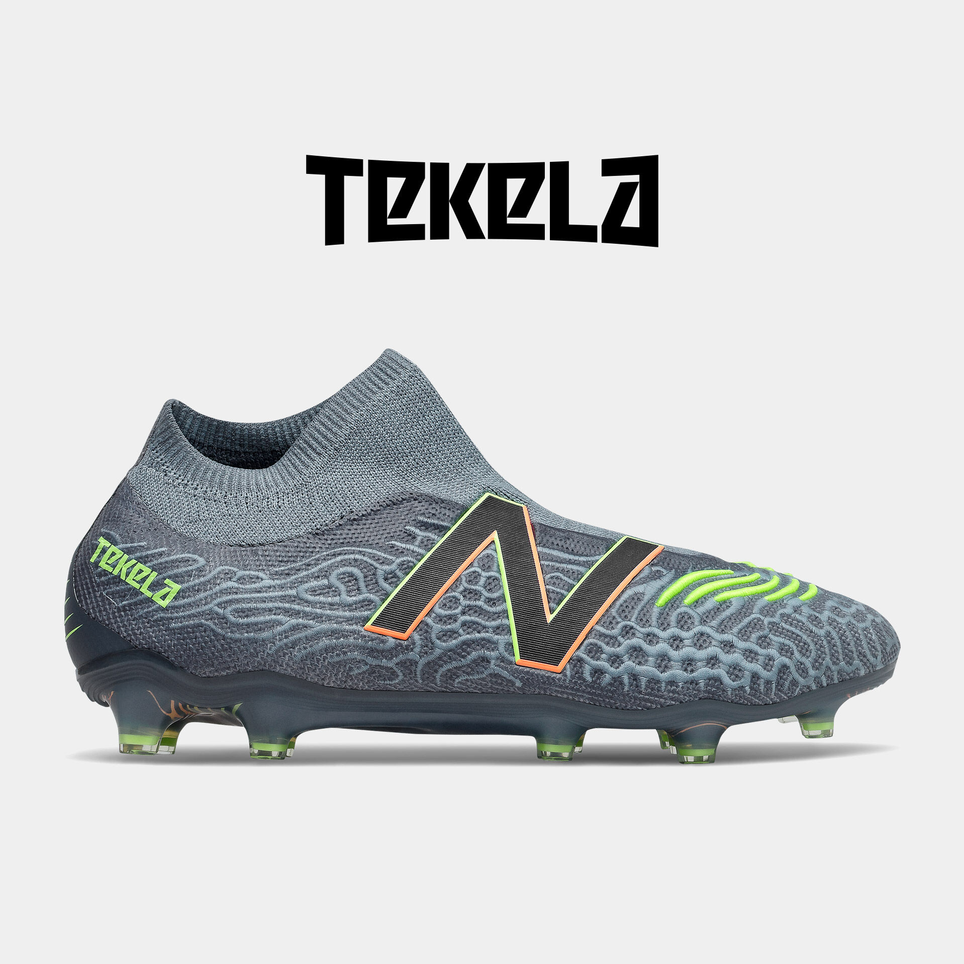 Blue Tekela soccer cleat with neon green and orange details