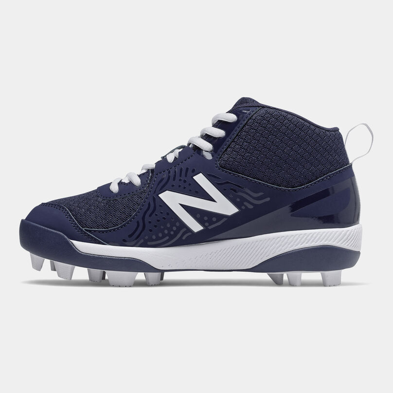 Blue molded mid-cut cleat sitting on grey background showing the lateral side.