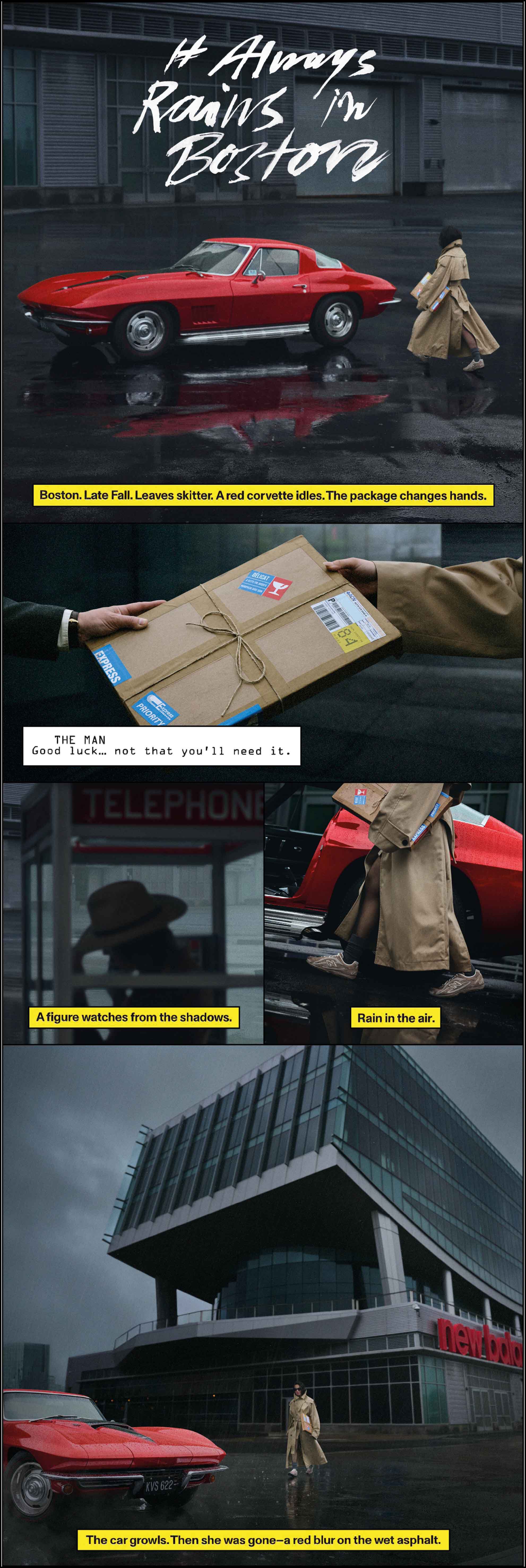 Pictures in a comic collage of Rosalía being handed a package and walking to a car.