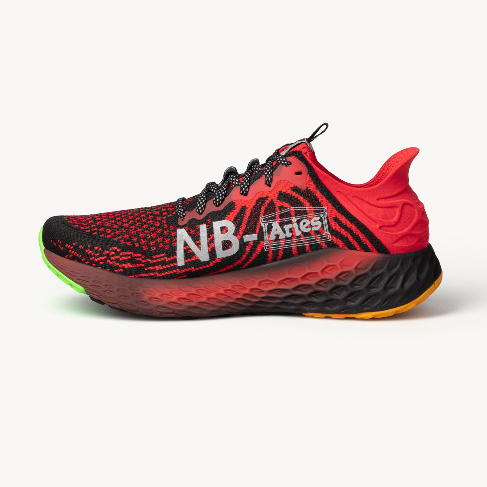 Side profile of red Fresh Foam 1080 shoe, toe facing to the left, on a light grey background