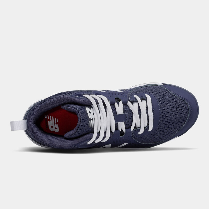 Dark blue cleat laying on its side focusing on the top.
