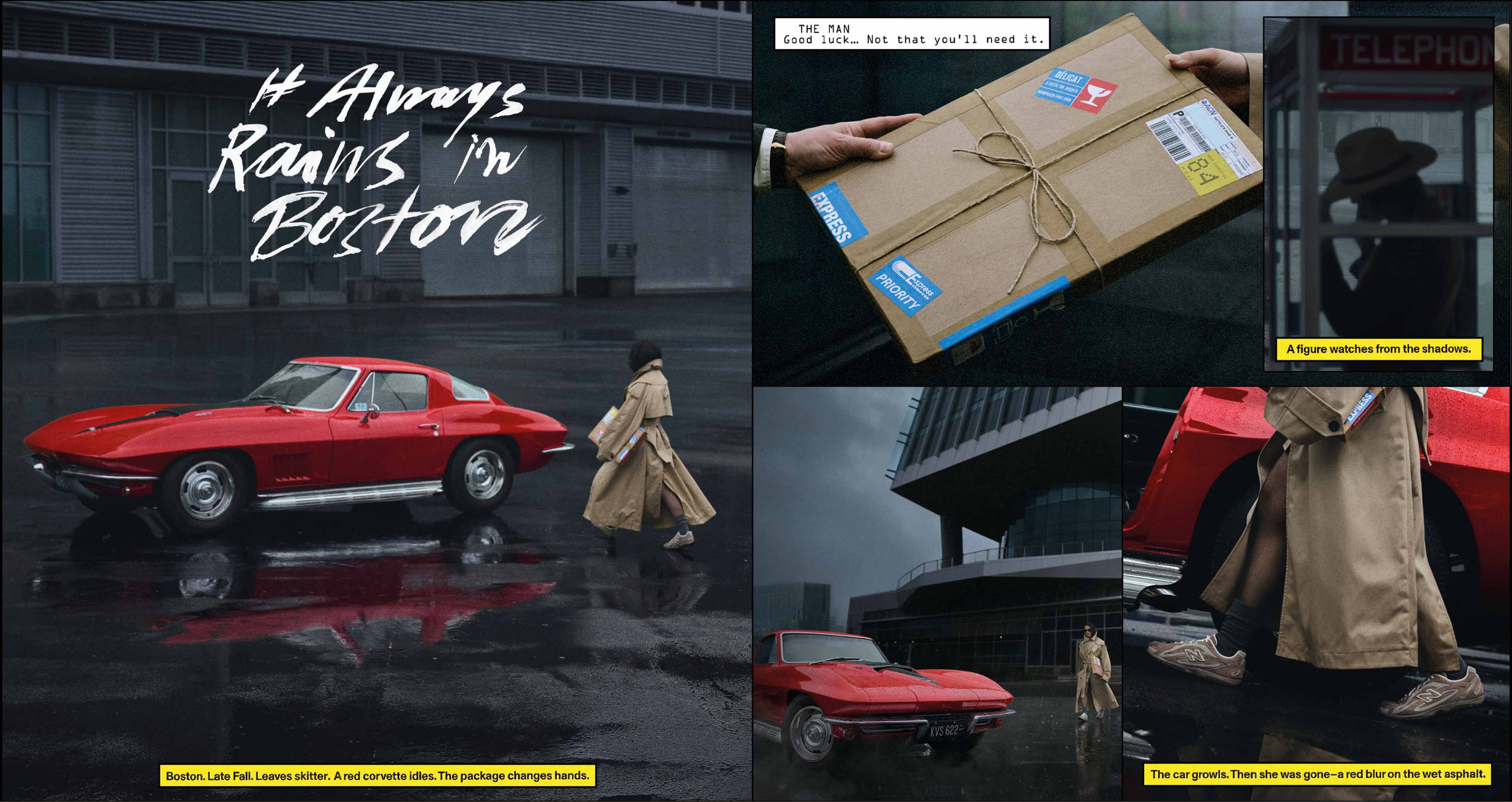 Pictures in a comic collage of Rosalía being handed a package and walking to a car.