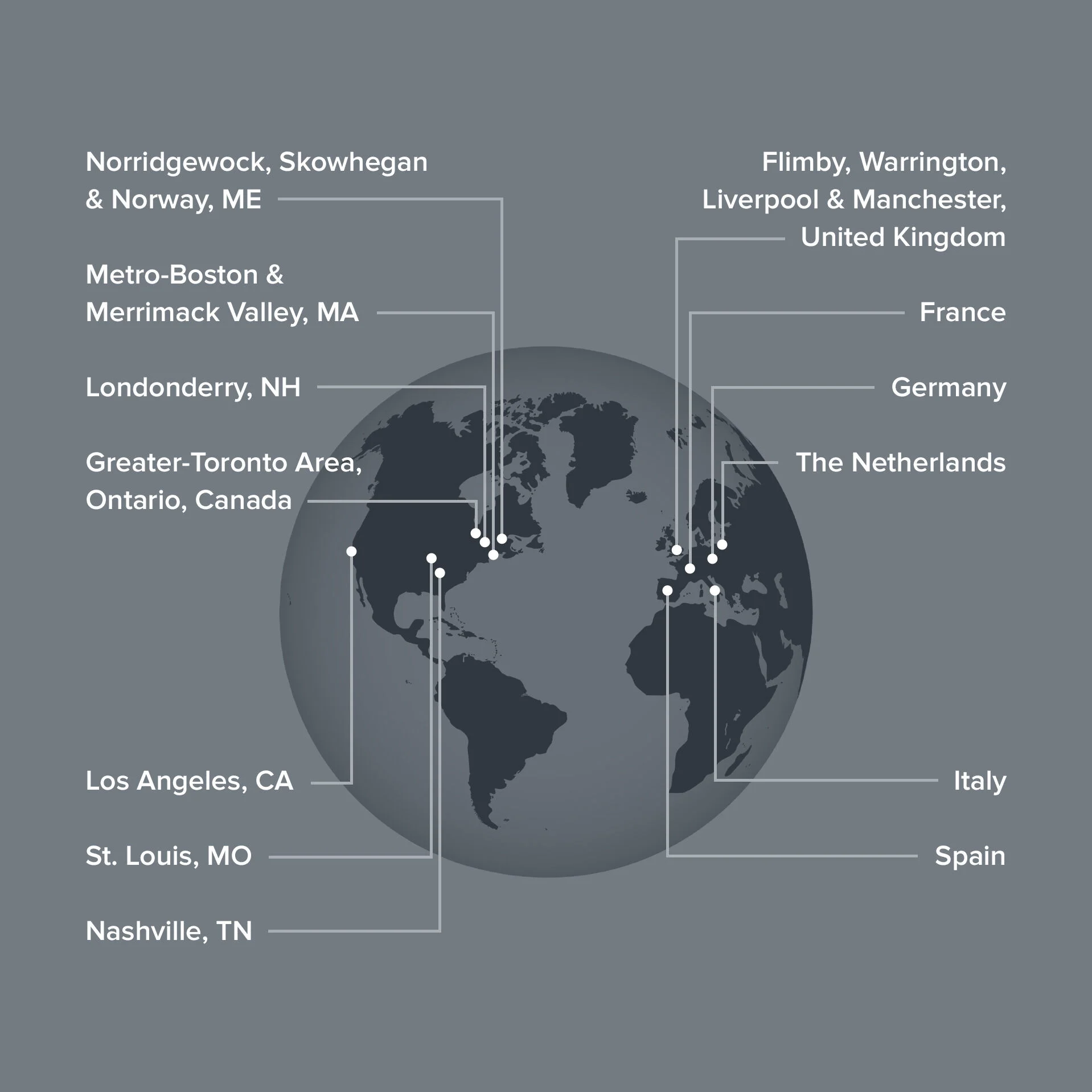 A map that shows the geographies where New Balance Foundation provides grants and includes the United States, Canada, United Kingdom and parts of Europe.