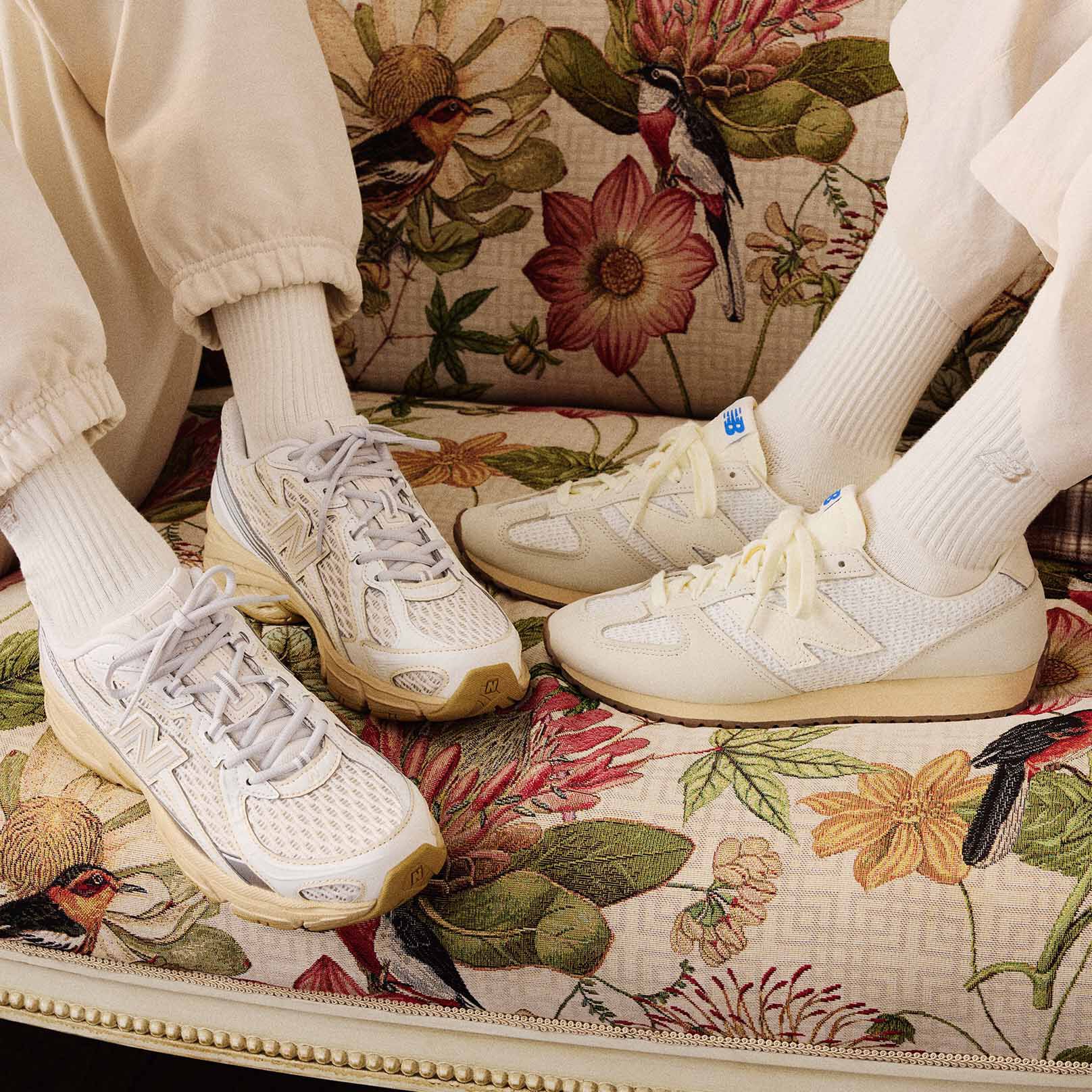  On figure closeup shot of 471 and 740 shoes on a couch.