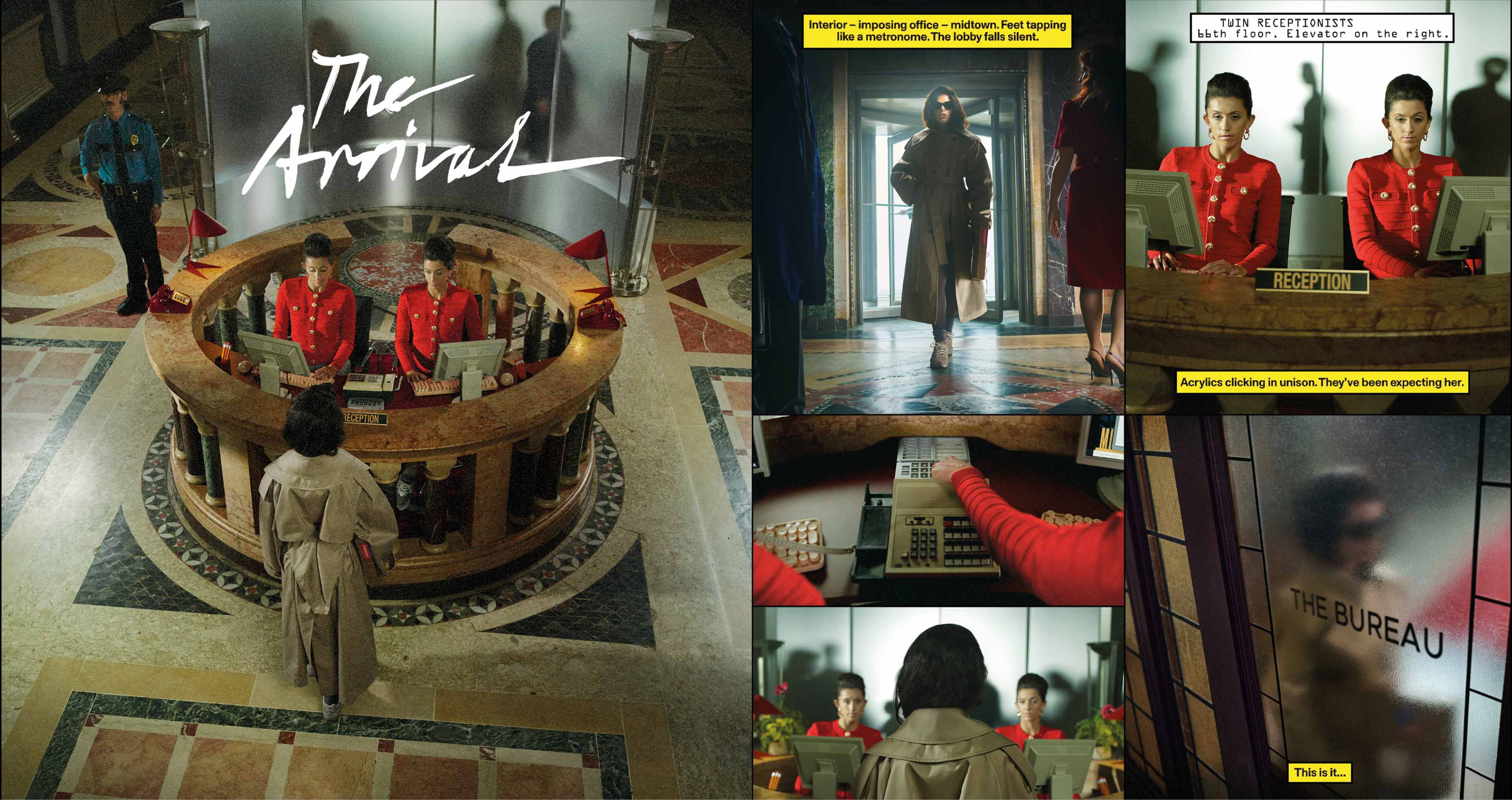 Pictures in a comic collage of Rosalía walking into a busy building and being told me a pair of receptionists that they have been expecting her and she heads to a board room.