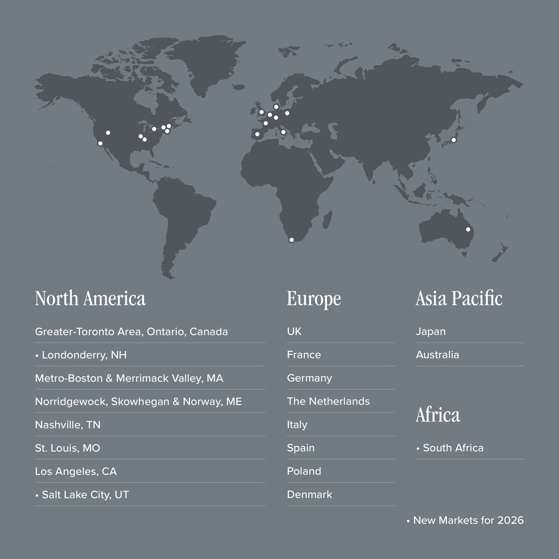 A map that shows the geographies where New Balance Foundation provides grants and includes the United States, Canada, United Kingdom and parts of Europe.